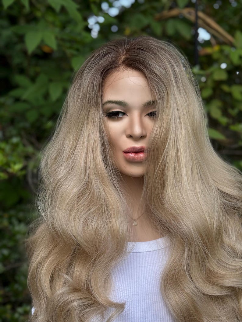 RECKLESS Ombre Blonde Wavy Brown Root Smudge Premium Human Hair Blend Wig 26 Inch Lace Front image 3