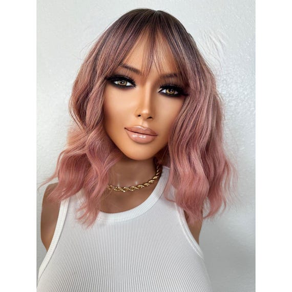 Short Pink Ombré Root Wavy Bob Wig, Choppy Fringe Bangs Full  display picture 3