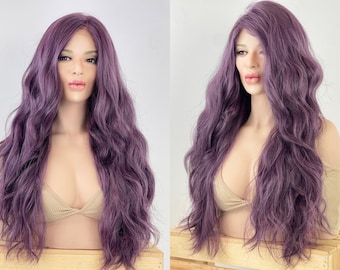 Purple Wavy 13x5 Preplucked Free Part Wig, Swiss Lace Front, Heat Resistant Human Hair Blend Wig