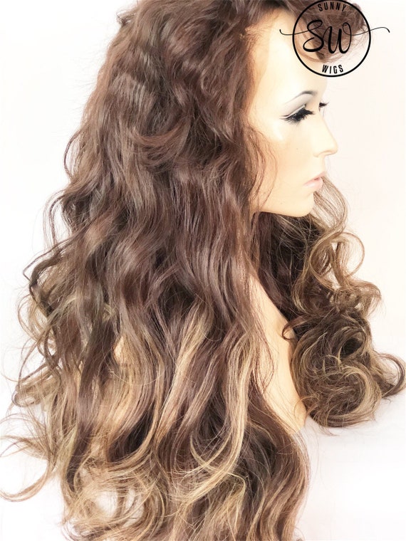 Lace Front Wig Warm Brown Light Blonde Highlights Long Curly Etsy