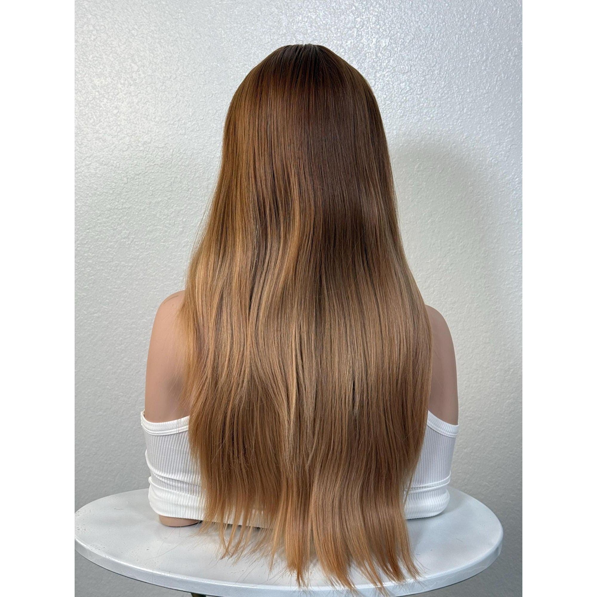Ginger Blonde Synthetic Wig, Balayage Glazed Wig With Bangs, No