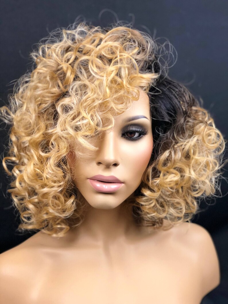 Lace Front Wig Blonde Mix Short Curly Hair Wig Blonde Short Layers Blonde Ombre Short Hair Human Hair Blend Lace Front Wig