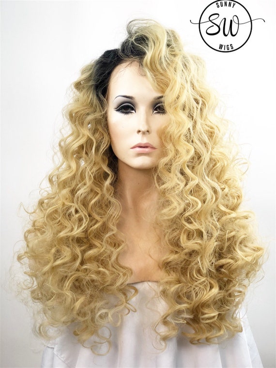 Lace Front Wig Blonde Curly Hair Dark Ombre Roots Hand Tied Monofilament Lace Frontal Wig