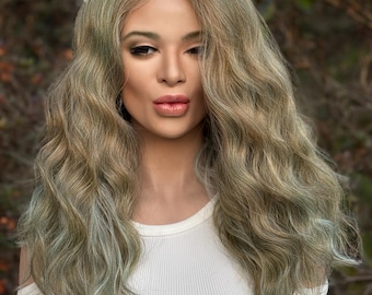 Peluca AZURE Blonde Cyan Balayage, con encaje frontal, 13x6, hecha a mano, mezcla de cabello humano.