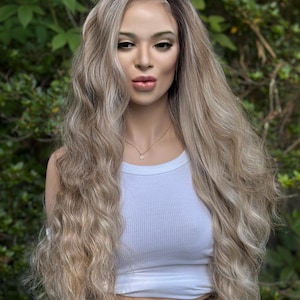 Cool Ash Blonde Wig Human Hair Blend Creamy Bronde Highlights Big Barrel Waves 13x6 Free Part HD Invisible Lace Front 26”