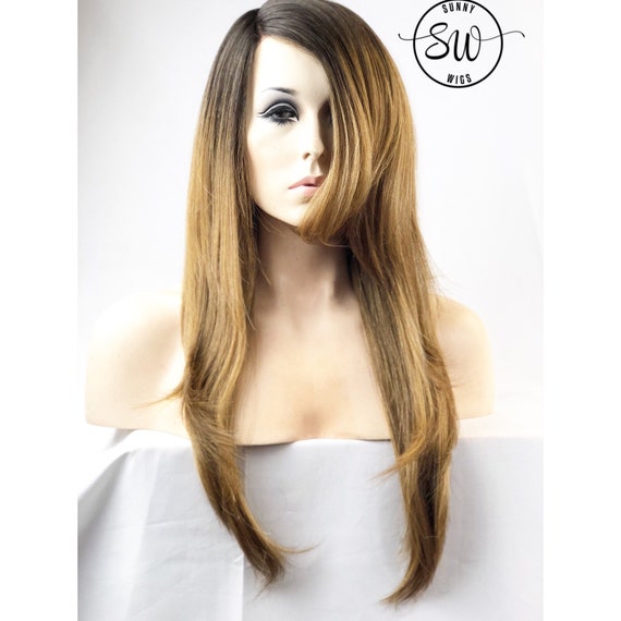 Side Parted Ash Brown Hair W Side Swept Bangs Long Sleek Etsy