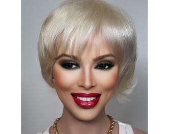 Pixie Classic Textured White Platinum Blonde Short Human Hair Feathered Wig, Pixie Haircut Modern Short Layers Human Hair Wig Mature Women