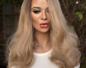 Peluca frontal de encaje de mezcla de cabello humano SANDSTORM / Rubio natural crema cálido / Parte superior de encaje anudada a mano
