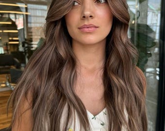 Topper per capelli umani in seta, ondulati, con balayage color marrone mokaccino, realizzato a mano su misura – Lunghezza 24”, Densità 150 / Base 8x8