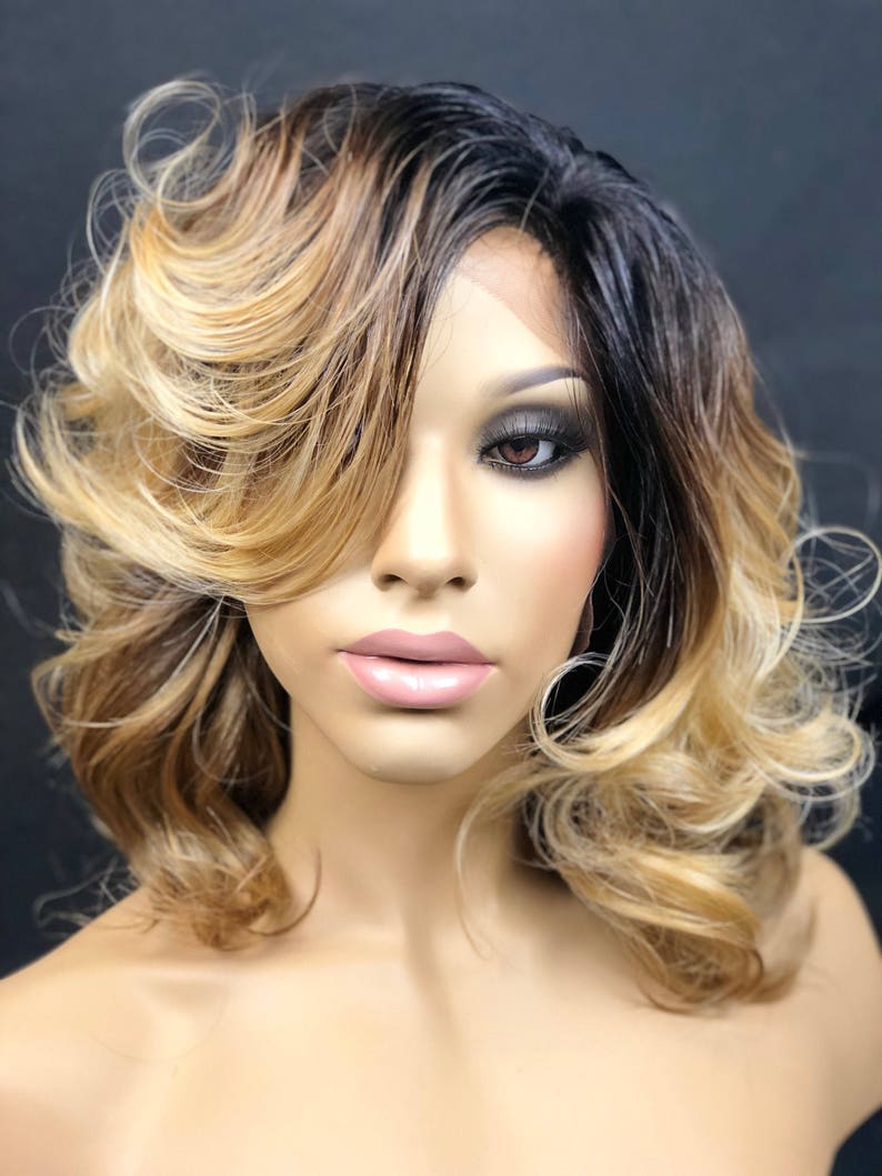 Short Blonde Wig Dark Root Ombre Blonde Curly Layered Wig Etsy