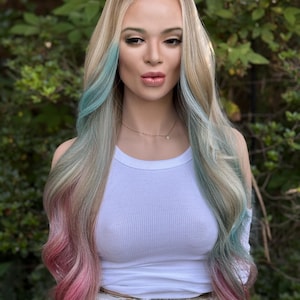 Cyan Blonde Wig Wavy Human Hair Blend Blue Candy Pink Ombre 13x4 Free Part HD Invisible Lace Front 26 inch