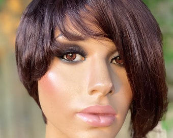 Short brown pixie wig with bangs, Heat Friendly Synthetic Wig