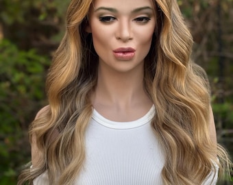PASADENA Brazilian Human Hair Lace Front Wig – Hazelnut Blonde Balayage, Glueless, 13x6 Wide Lace Top, 18"-24" Length, Natural Density