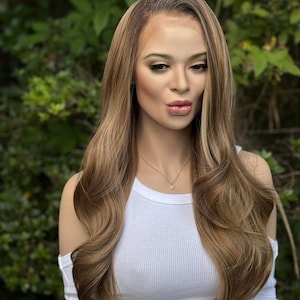 Caramel Brown Blonde Balayage Loose Waves Human Hair Blend Lace Front 13x4” Free Part Multi-Directional Handtied Layered Full Wig