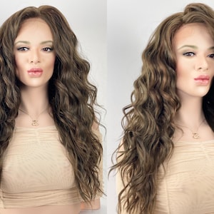 Brown Green PeekABoo Highlights 13x6 wide part lace front wig / Human Hair Blend Wig