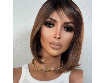 Milk Chocolate Short Bob Human Hair Blend Wig, Warm Sunkissed Auburn Highlights Ready to Ship Wig, No Lace Soft Full Bangs