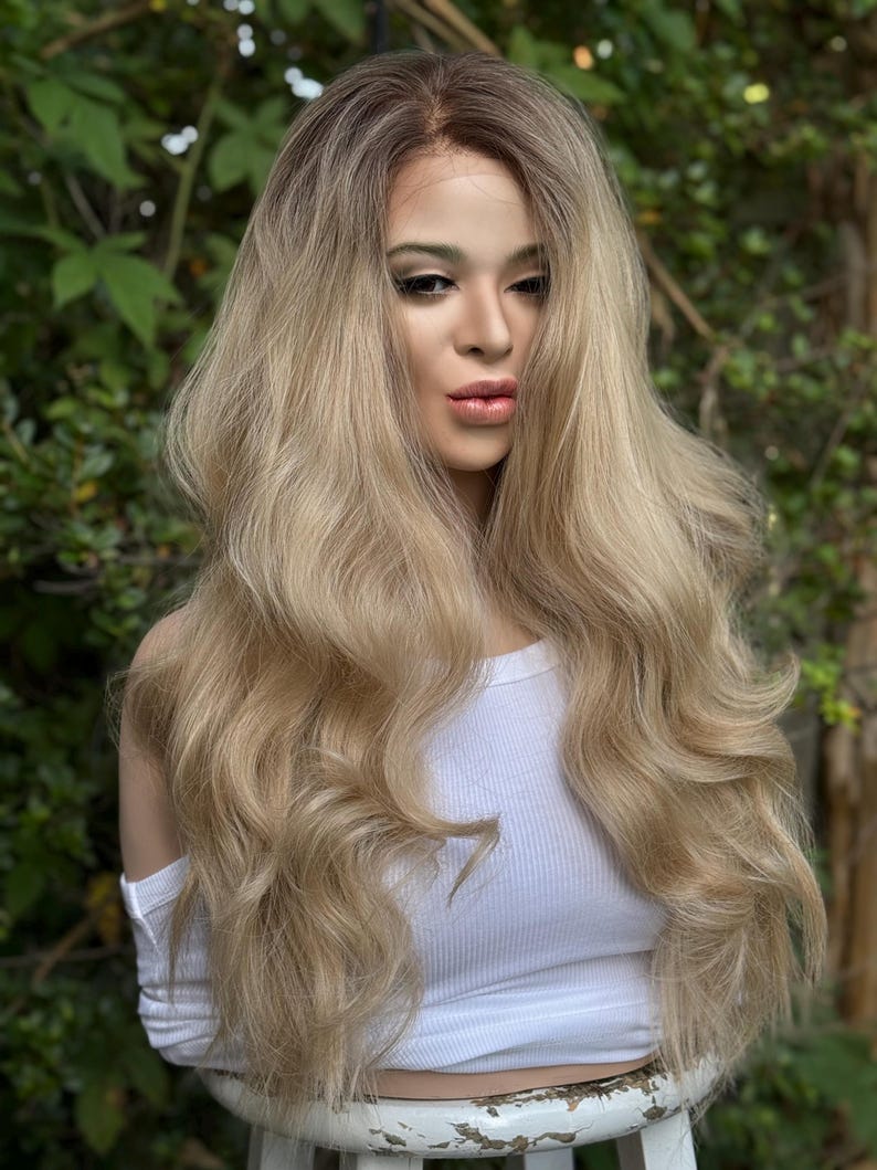 RECKLESS Ombre Blonde Wavy Brown Root Smudge Premium Human Hair Blend Wig 26 Inch Lace Front image 6
