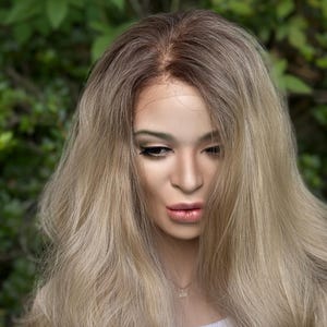 RECKLESS Ombre Blonde Wavy Brown Root Smudge Premium Human Hair Blend Wig 26 Inch Lace Front image 2