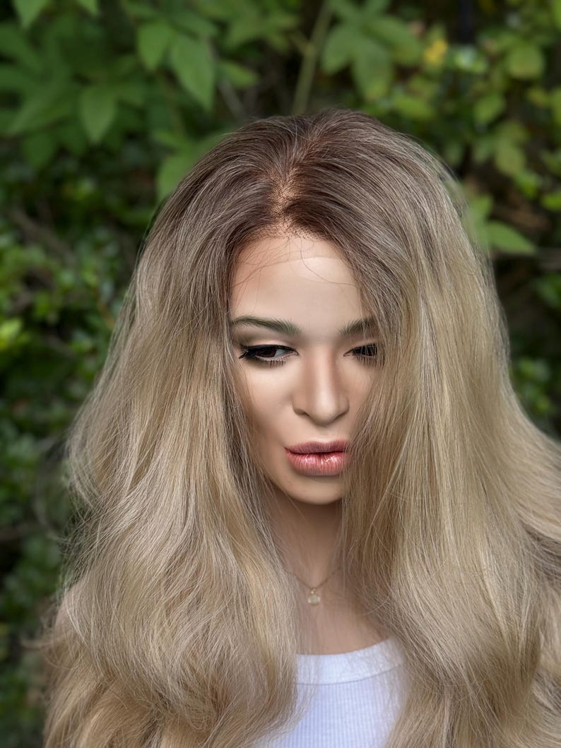 RECKLESS Ombre Blonde Wavy Brown Root Smudge Premium Human Hair Blend Wig 26 Inch Lace Front image 2