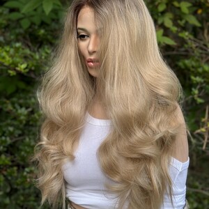 RECKLESS Ombre Blonde Wavy Brown Root Smudge Premium Human Hair Blend Wig 26 Inch Lace Front image 5
