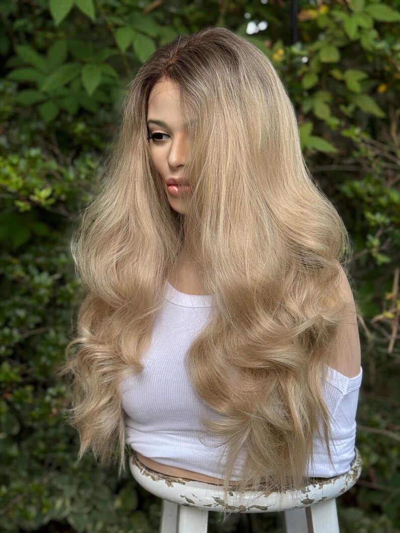 RECKLESS Ombre Blonde Wavy Brown Root Smudge Premium Human Hair Blend Wig 26 Inch Lace Front image 5