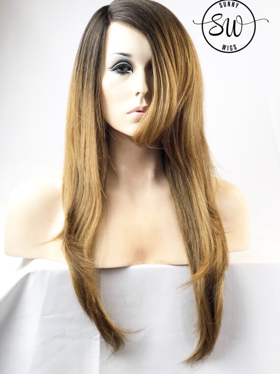 Side Parted Ash Brown Hair W Side Swept Bangs Long Sleek Etsy