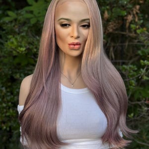 Dusty Pink Wig Wavy Human Hair Blend Mauve Purple Blonde Ombre 13x3 Free Part HD Invisible Lace Front 22 inch