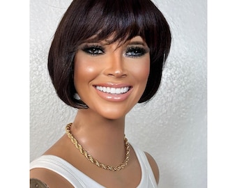 Short Black Bob Human Hair Wig with Bangs, Short Chin Length Full Fringe Bangs Heat Safe Fluffy Bangs No Lace Medical Hair Loss Daily Wig