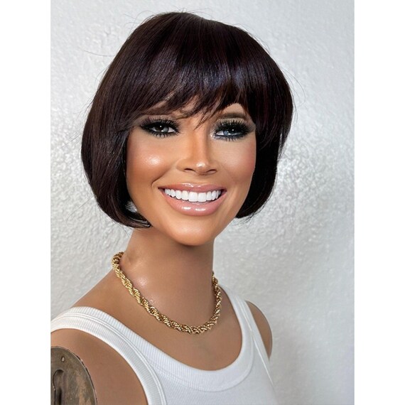 Short Black Bob Human Hair Wig With Bangs, Short Chin Length  display picture 3