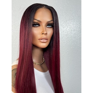 Rooty Ombre Röd Ombre Bordeaux Hår Limfri Lace Front Peruk, Röd Lång Rak Slät Lager Värmesäker Peruk, 13x6 Fria Delar Multi Style Peruk