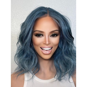 Emperor Blue Short Wavy Lace Front Wig, 12” Multi-Dimensional Lowlight Winter White Mixed w/ Specks Bob Middle Part Role-play Wig