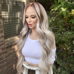 IJsblonde rokerige balayage-pruik met kant, lang haar, gezichtskaderlagen, mengsel van echt haar, 24-26 inch afbeelding 7