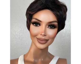 Black Rich Copper Brown Synthetic Wig, Highlights Pixie Haircut Wig, Short Wig, Pixie Cut Tapered Wig, Short Bangs No Lace