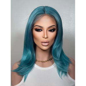 Ocean Teal Blue Softly Flipped Straight Hair Wig