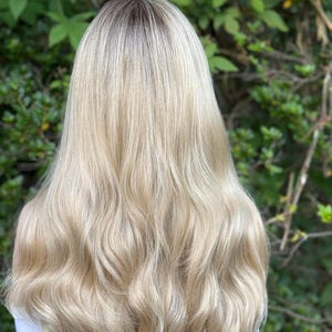 RECKLESS Ombre Blonde Wavy Brown Root Smudge Premium Human Hair Blend Wig 26 Inch Lace Front image 7