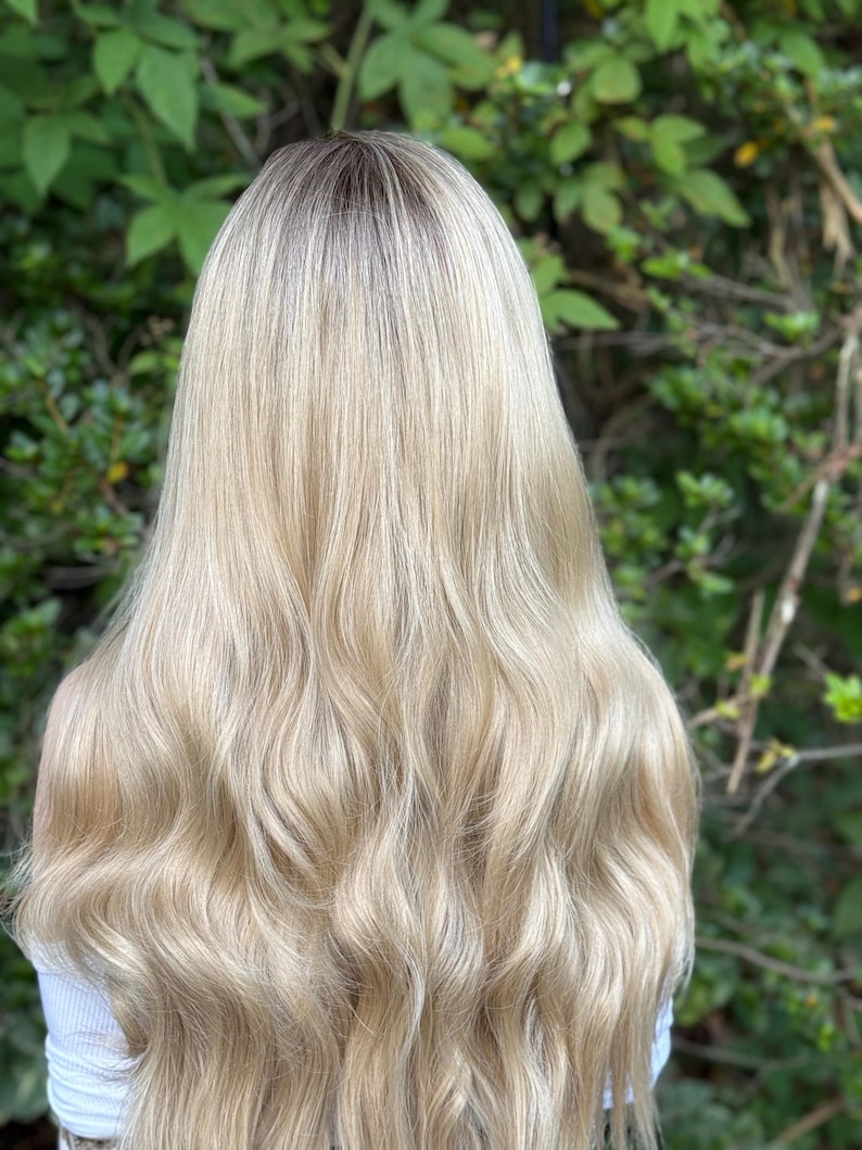 RECKLESS Ombre Blonde Wavy Brown Root Smudge Premium Human Hair Blend Wig 26 Inch Lace Front image 7