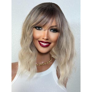 Light Ash Blonde Human Hair Blend Wig, Smoky Ombré Roots Wig, Short Collarbone Wavy Bob Wig, Full Bangs Wig, No Lace Full Cap Beginner Wig