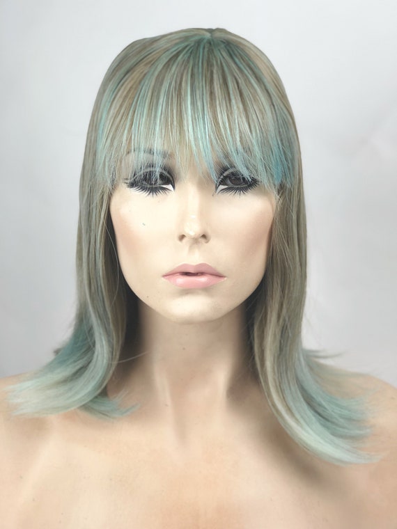 Wig Ombre Light Pastel Blue Blonde W Short Fringe Bangs Etsy
