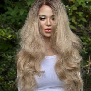 RECKLESS Ombre Blonde Wavy Brown Root Smudge Premium Human Hair Blend Wig 26 Inch Lace Front image 1