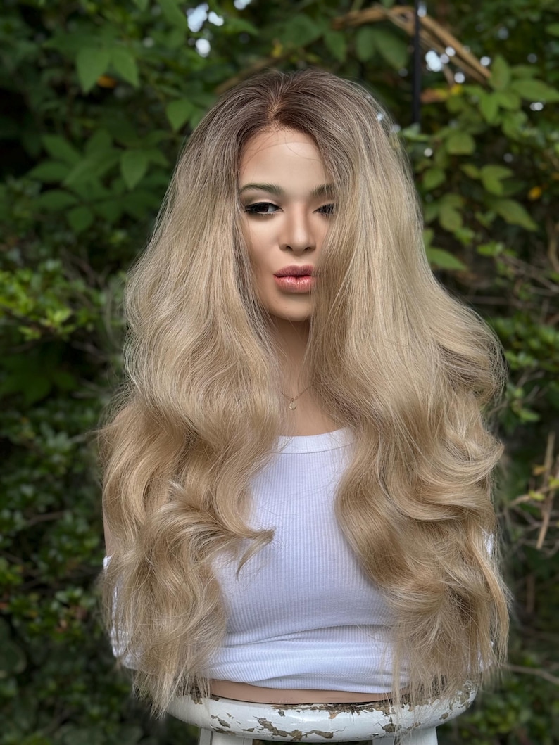 RECKLESS Ombre Blonde Wavy Brown Root Smudge Premium Human Hair Blend Wig 26 Inch Lace Front image 1