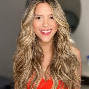 18" Buttery Honey Blonde Wig, Virgin Premium Lace Front Wig, Brown Wavy Dark Root Ombre Human Hair Wig, 150% Density Hair