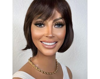 Rich Dark Brown Short Bob Style Human Hair Wig, Dark Brown Hair Bob Wig, Soft Wispy Bangs Beginner, Chemotherapy No Lace Daily Full Cap Wig