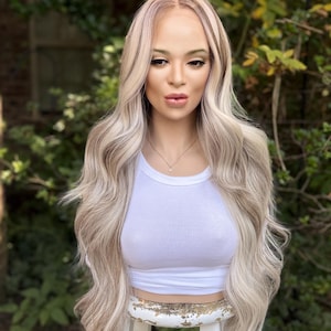 IJsblonde rokerige balayage-pruik met kant, lang haar, gezichtskaderlagen, mengsel van echt haar, 24-26 inch afbeelding 1