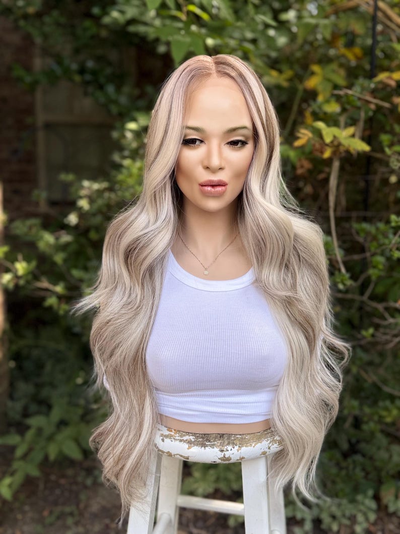 IJsblonde rokerige balayage-pruik met kant, lang haar, gezichtskaderlagen, mengsel van echt haar, 24-26 inch afbeelding 1