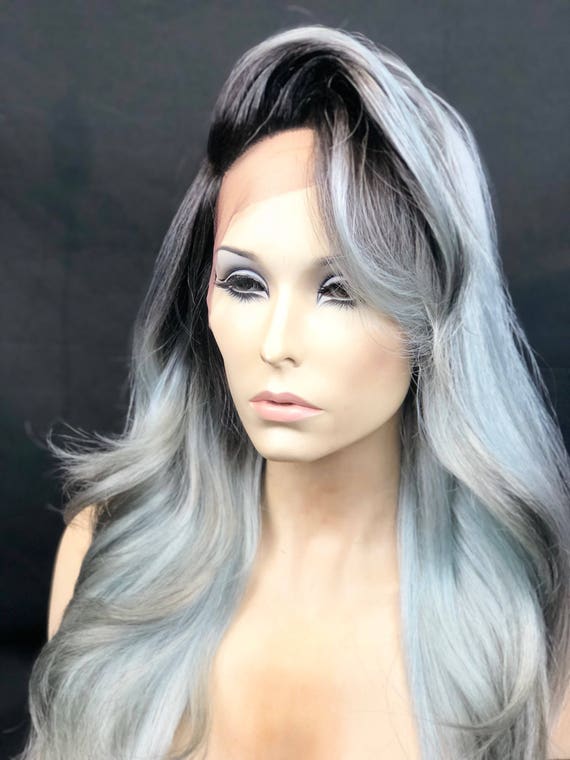 Grey Wig Ombre Grey Lace Front Wig Human Hair Blend Wig Gray Wig Long Layers Gray Straight Wig