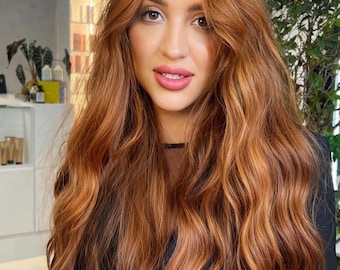 Warm Brunette Auburn Copper Blonde Luxury Wavy Virgin Human Hair Lace Front Wig / 150 Density HD Premium Invisible Lace Wig