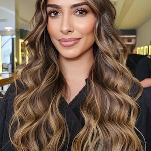 Balayage Gradient Maple Syrup Brown Suede Blonde Face Framing Toasty Highlights Wavy Lace Front Wig Virgin Premium 100% Human Hair Wig