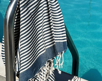 Mediterranean Traditional Dark Teal Stripe Honeycomb Bath Towel, 40x80 inches Handmade Beach Towel, Handwoven in Soft Organic Cotton