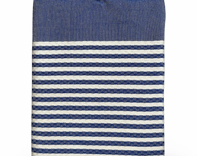 Sofra Textiles Cotton Navy Blue & White Stripe Mediterranean Waffle Towel Beach Blanket, Handmade 40x80 inches Waffle Tablecloth Throw