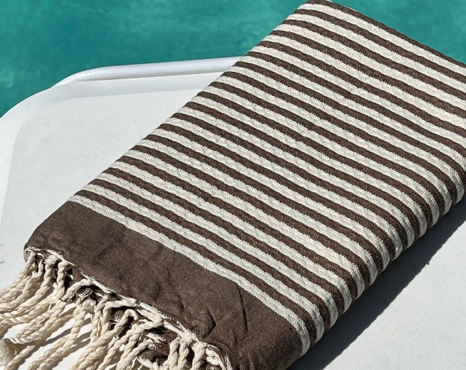 Sofra Textiles Soft Cotton Striped Chocolate Tunisian Waffle Towel Beach Blanket, Handmade 40x80 inches Waffle Throw, Best Picnic Towel